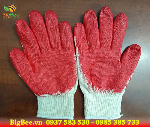 Găng tay len nhúng nhựa 1 mặt màu đỏ