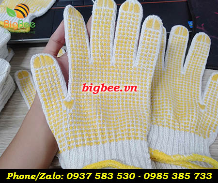 găng tay len phủ hạt nhựa màu vàng